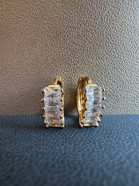 NEW Gold Crystal Huggie Earrings Clear Stones Baguette NWOT
